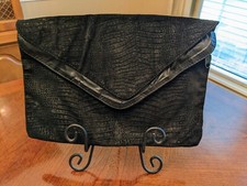 Vintage Black Leather Textured Suede Clutch Purse Envelope Style W/ Zip Pockets