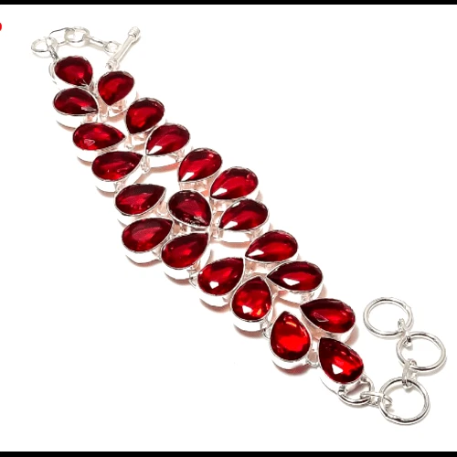 VALENTINO Bracciale Argento Sterling 925 Granato Mozambico Gemma Fatto a Mano Gioielli 8"