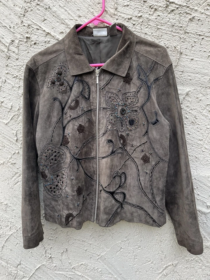 Chico's Cuero Gamuza Marrón Chocolate Floral con Cuentas y Apliques Talla 2 Foto 2 de 4