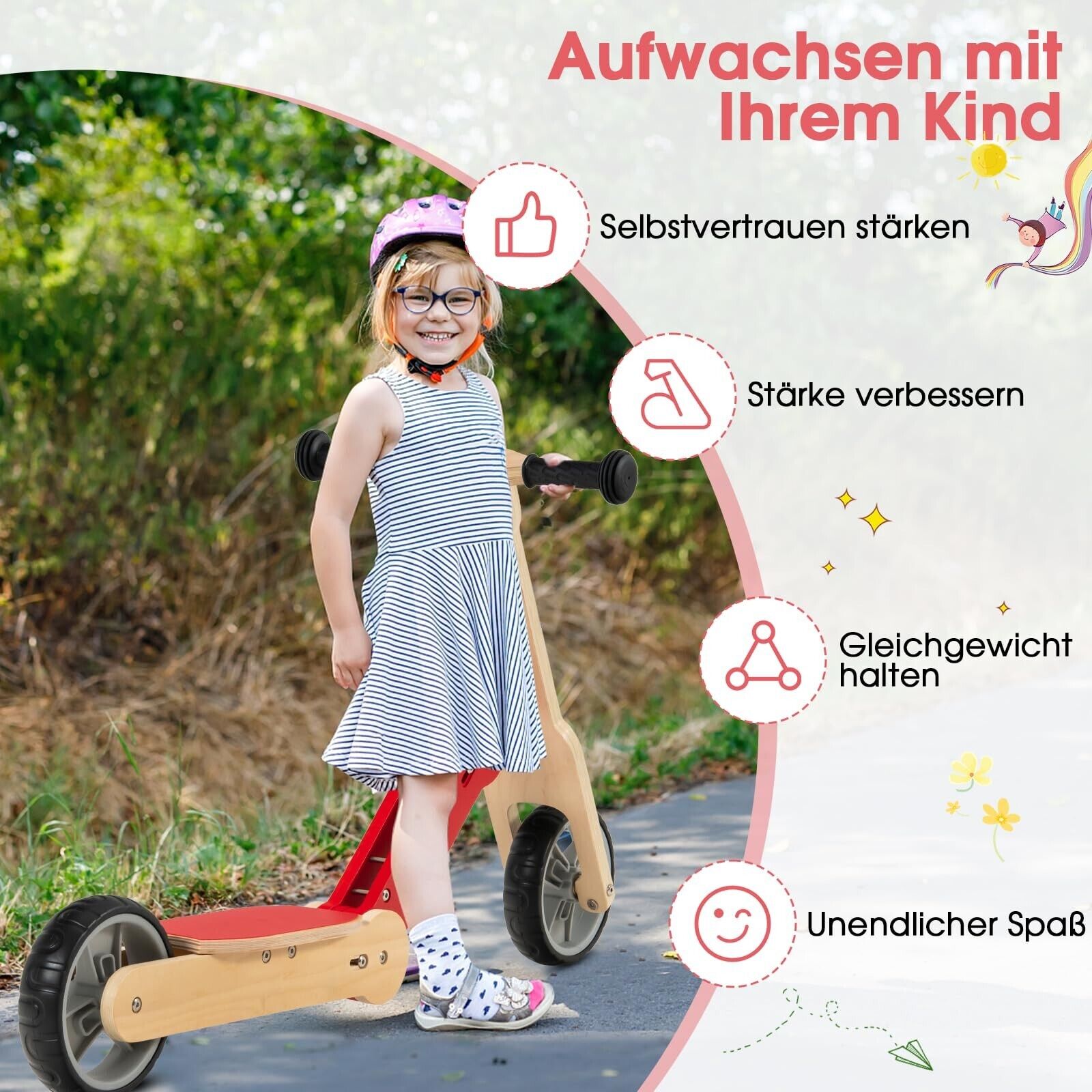 2in1 Kinderroller Laufrad Kleinkinderroller Holz Scooter mit Abnehmbar Sitz