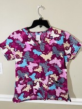 womans SB scrubs top sz S small S/S butterfly print Front Pockets V-neckline