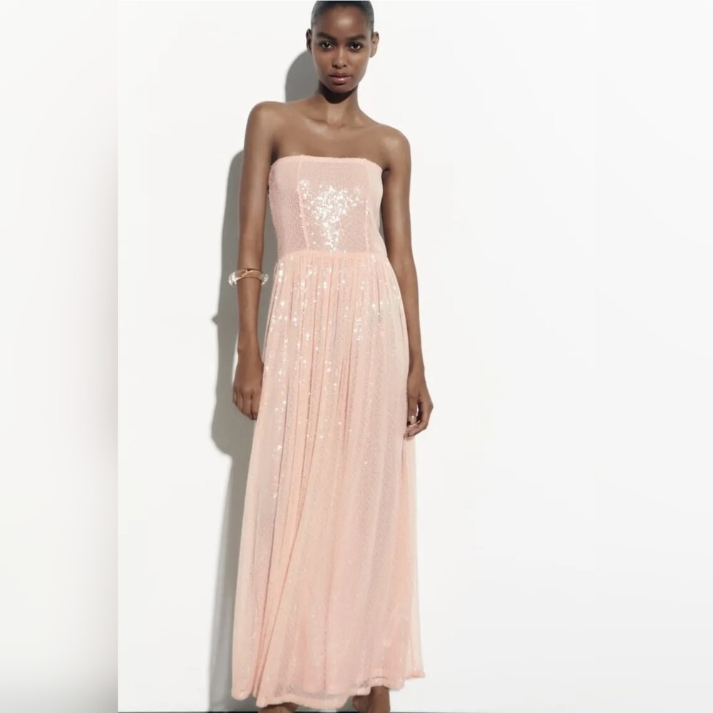 open lace back dress ZARA. Pink midi dress with mini sequins. TS  Hibuy market