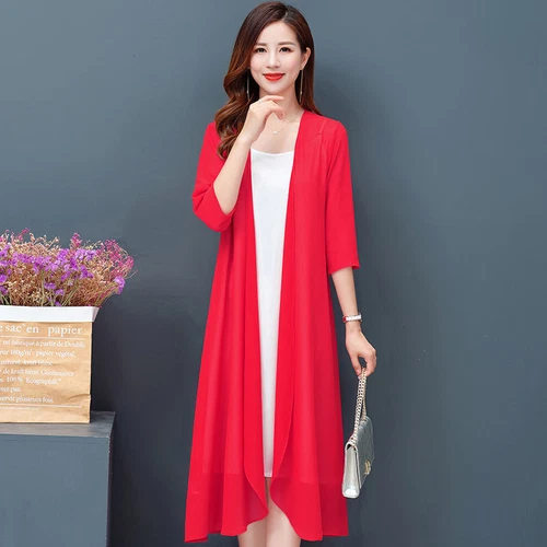 Women Cardigan Sheer Chiffon Long Jacket Coat Open Casual Half Sleeve Outwear - Bild 20 von 26