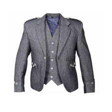Scottish Charcoal Grey Tweed Argyll Kilt Jacket  Waistcoat for Men's