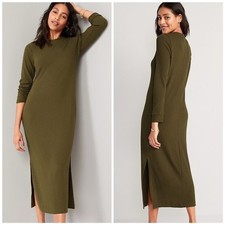Old Navy Olive Green Ribbed Midi Dress Long Sleeve Side Slit Small