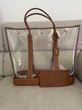 Authentic YSL Saint Laurent Tote Beach Handbag Brown Transparent Clear Plastic