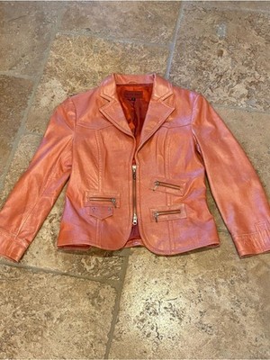 Vtg Nicola Berti Metallic Orange Pink Leather Double Zip Y2K Jacket Size Small