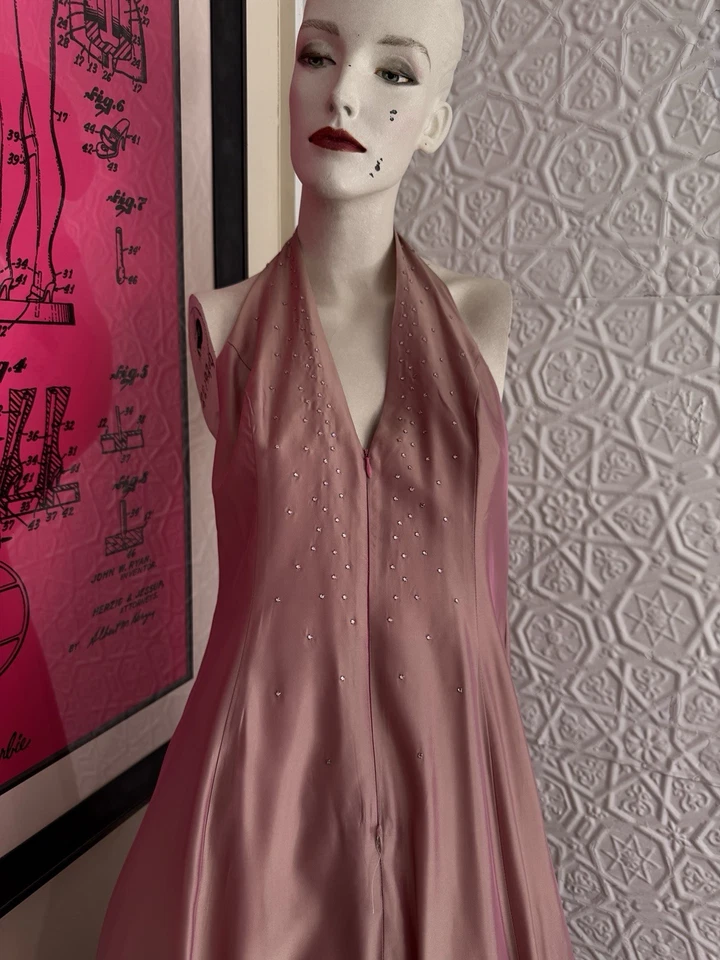 Jessica Mcclintock Millennial Pink Y2K Gown-Halter-Irridescent-Prom Dress-Fancy Foto 2 de 4