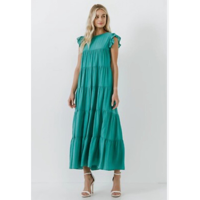 English Factory Tiered Maxi Dress Womens Large Green Ruffle Empire Boho Cottage