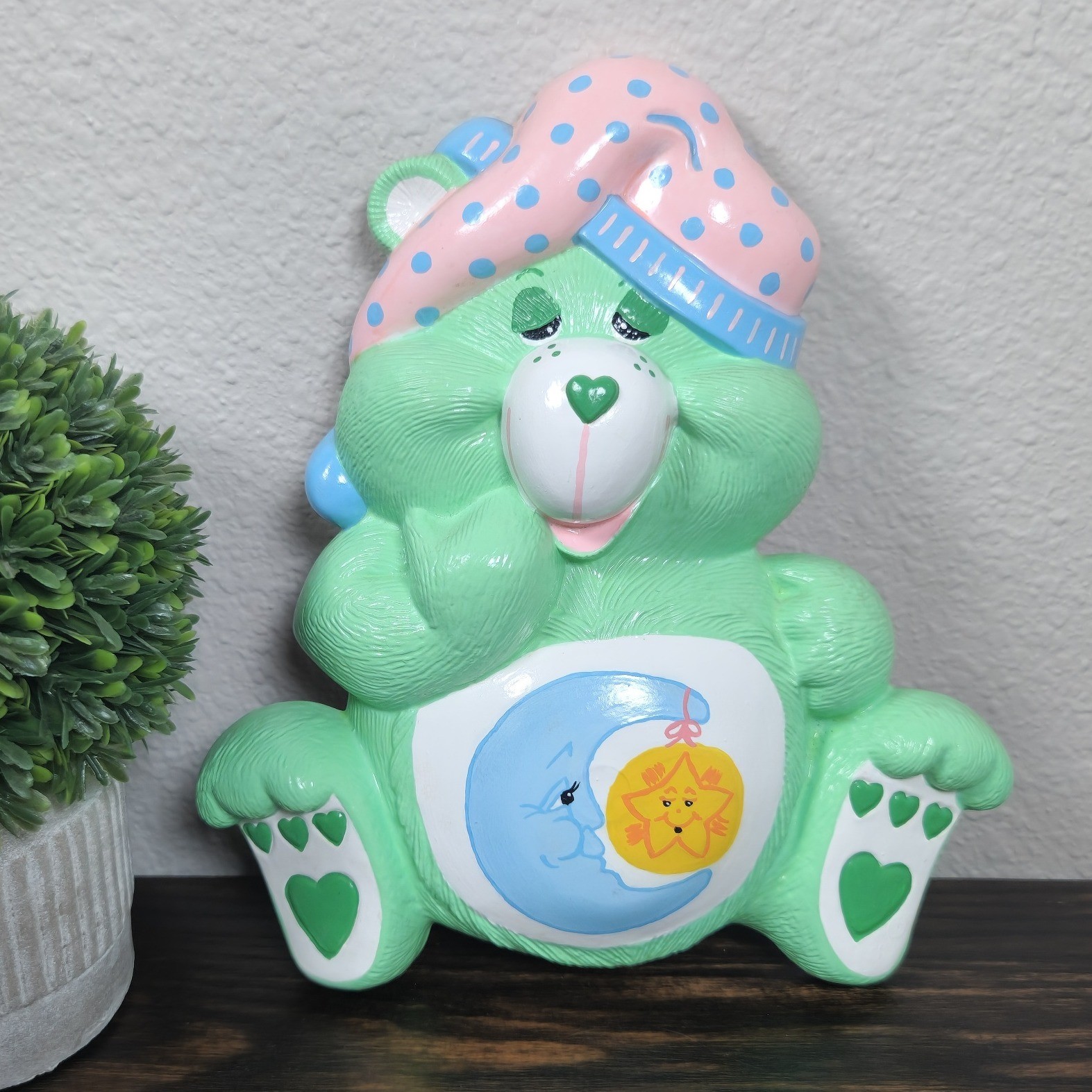 Rare Vintage Ceramic Care Bear Wall Decor Green Sleepy Bear Moon Star 1985 BM