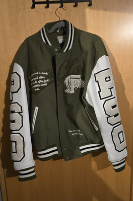 Peso Collegejacke Herren XL Olivgrün Weiß Wolle Leder Logo Bestickt Knopf