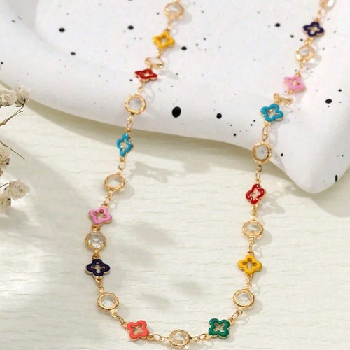 Women's Bohemian Style Colorful Flower Chain Necklace Gold Plated ...