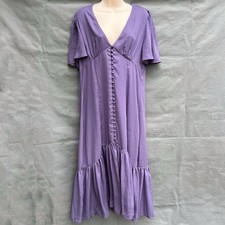 Lulus Sz L Dusty Purple Button-Up Ruffle Flounce V-Neck Midi Dress Short Sleeve