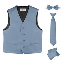Boy's Dress Vest Bow Tie Necktie Hanky 4 piece set. Solid Color Variety Pre-T...