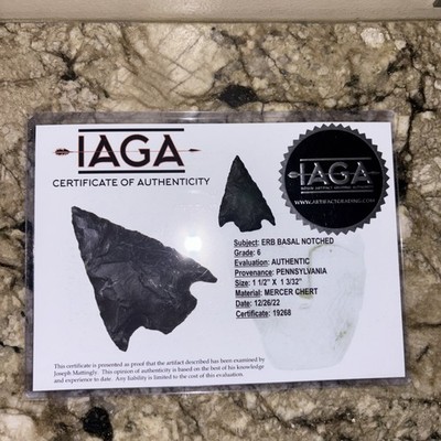 Authentic ERB Basal Notched Arrowhead Mercer Chert IAGA Certified Pennsylvania