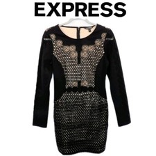 Express Long Sleeve Black over Nude Dress with details like Sequins Size Medium