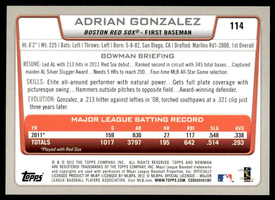 2012 Bowman Adrian Gonzalez #114 Boston Red Sox - Image 2 of 2