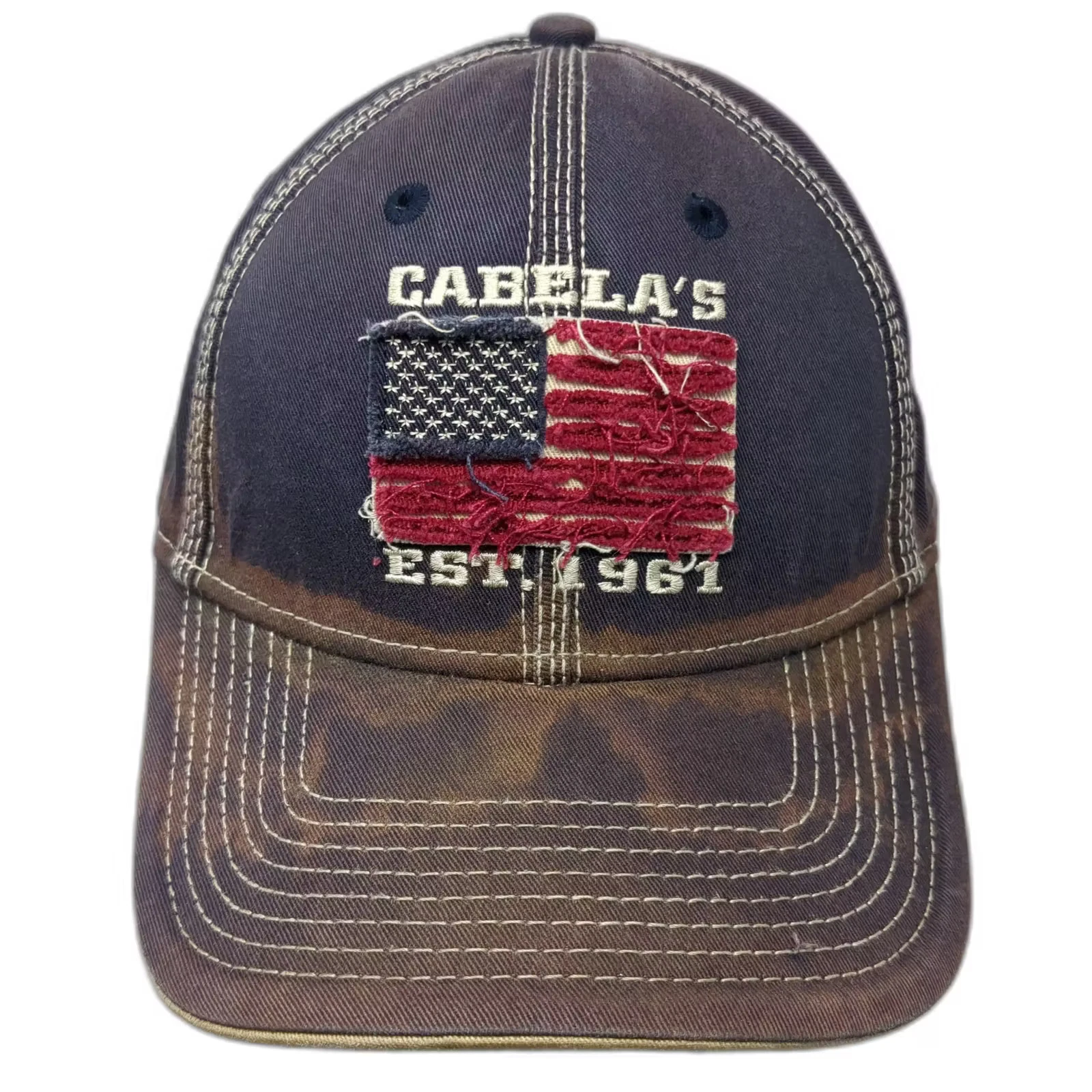 Cabela's Baseball Cap Blue Brown OS Distressed American Flag EST 1961 Hat