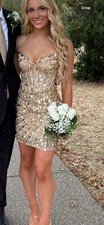 Sherri Hill Gold Sequin Beaded Strapless Sweetheart Corset Bodycon Mini 0