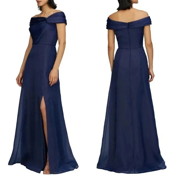 JS Collections Navy Blue Isadora Off the Shoulder Organza Gown Size 2 $298 - Image 2 of 2
