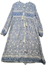 R.Vivimos Women Boho Hippie Tassel Boho Midi Dress  Sz L Blue White Floral