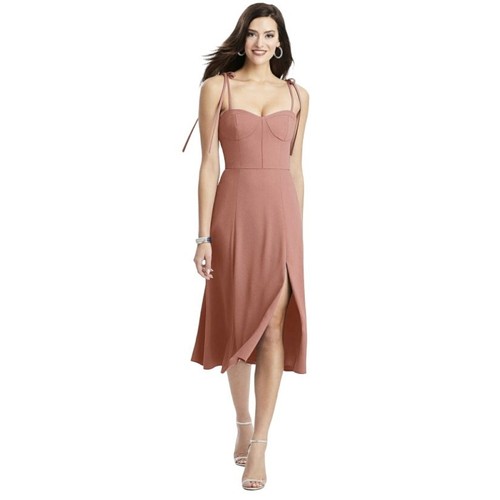 Dessy Collection Bustier Crepe Midi Dress Adjustable Bow Straps Desert Rose 3069