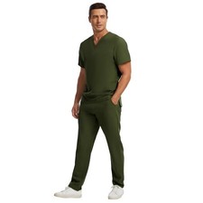 Men's Scrub Set - V-Neck Top Straight Pants with 12 Pockets, 4-Way Stretchy...