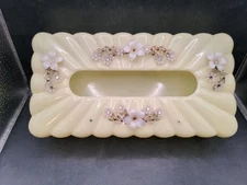 VTG 1960's Menda Co. Hard Plastic Tissue Box Holder Yellow Rhinestone Flowers