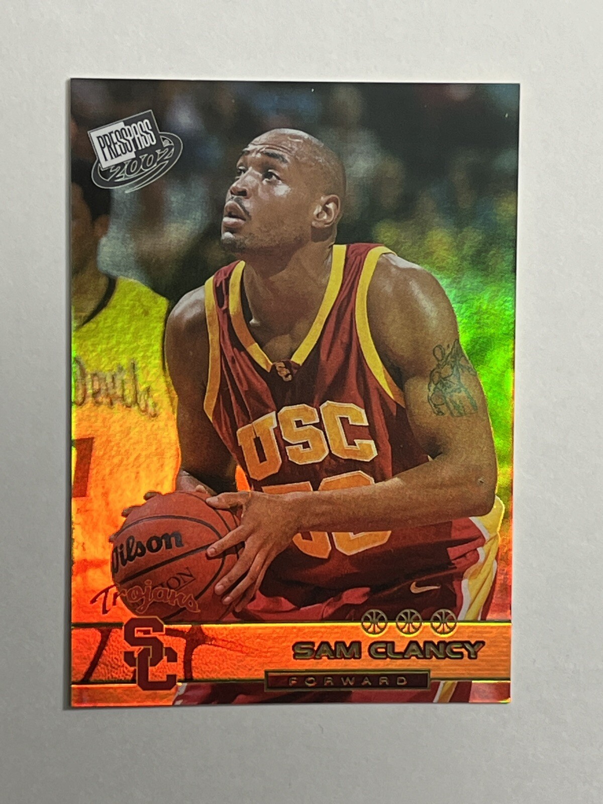 2002 Press Pass Gold Zone #G6 Rookie Sam Clancy USC Trojans