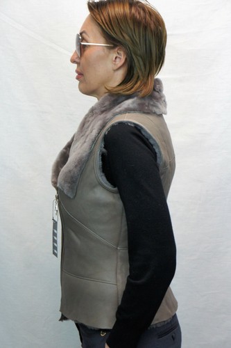 Neuf Taupe Marron Femme 100% Peau Mouton Véritable de Cuir Gilet Veste XS-XL - Picture 3 of 10