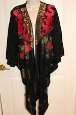 SPENCER ALEXIS Black Red Silk Open Lace Back Duster Cardigan Kimono Sz S Small