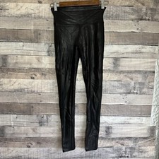 SPANX Womens Faux Leather Leggings Size S Black Shiny Smoothing Mid Rise