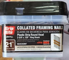 GRIP RITE Collated framing nails 2-3/8"x 120 1000ct Plastic Strip Round Head