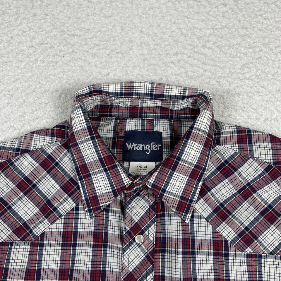 Wrangler Shirt Mens 17.5-34 Red Plaid Country Western Cowboy Pearl Snap Work - Image 4 of 4