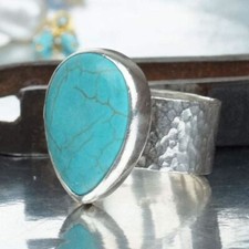 Turkish Sterling Silver Wide Band Hammered Large Turquoise Ring Handmade By Omer