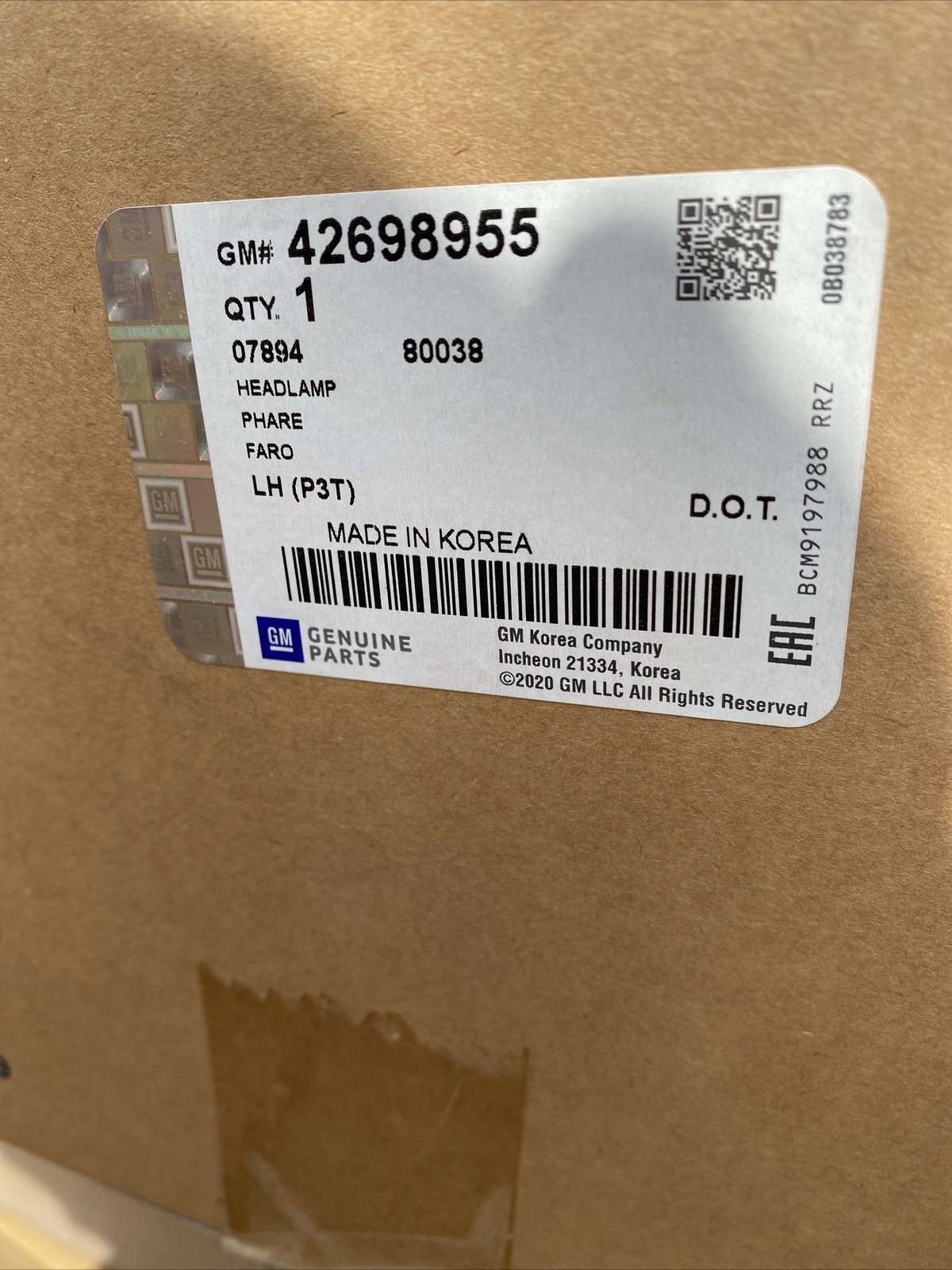 Genuine Vauxhall Mokka Passenger Side Headlight 2019 42698955 for 