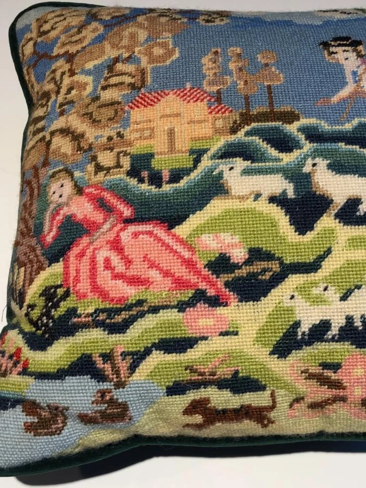 Punta de aguja renacentista 1700 escena pastor ovejas granja campo francés 14" Foto 3 de 4