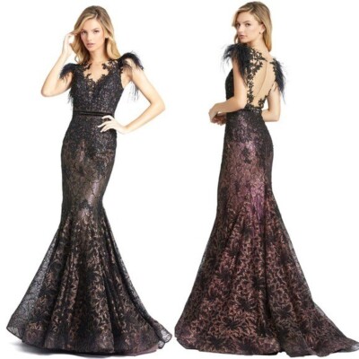Mac Duggal 79230 Embellished Feather Cap Sleeve Illusion Sz 12
