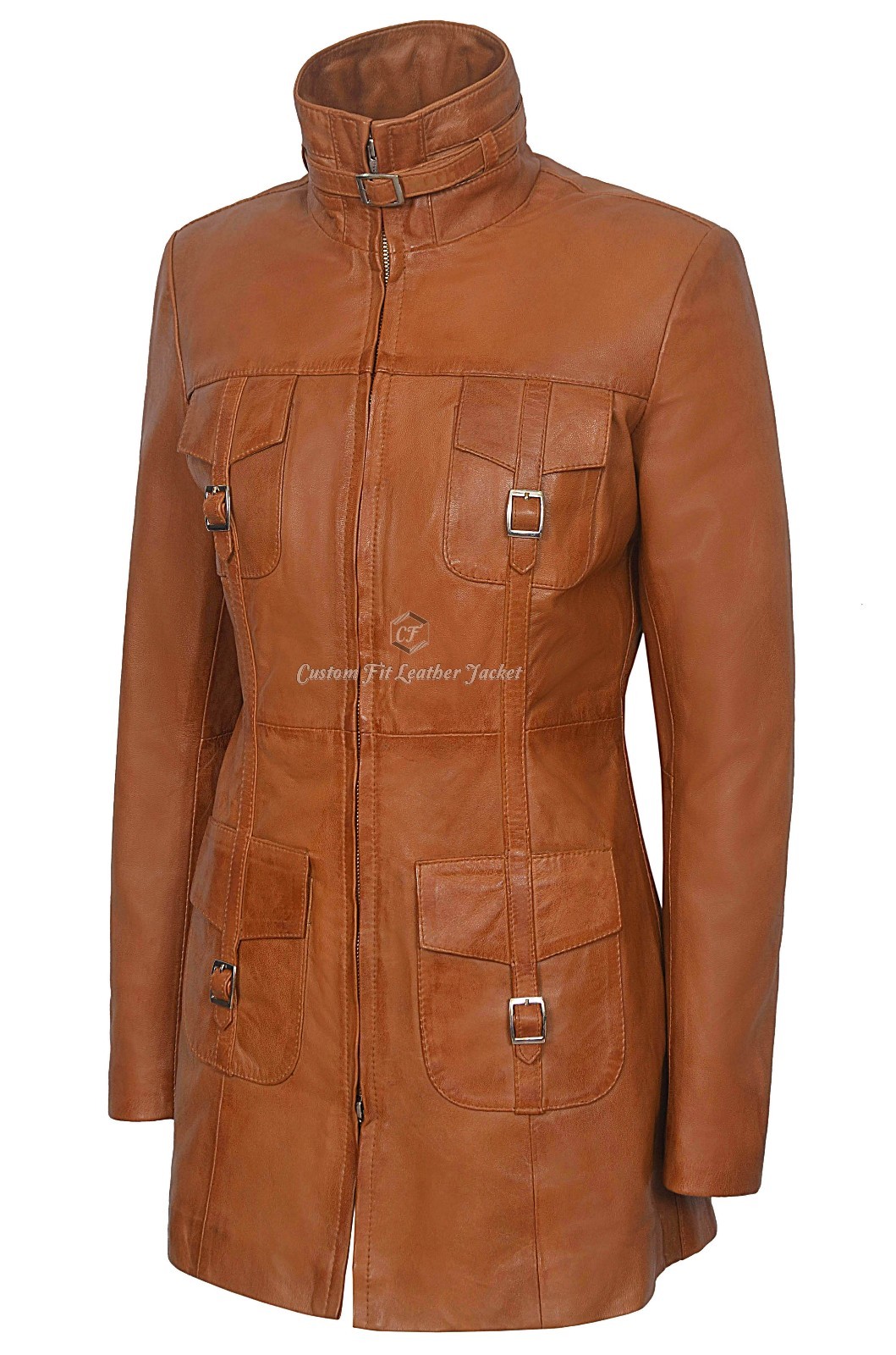 ALTRA MISTRESS' Ladies Leather Jacket Tan Gothic Style Fitted Mid Length Coat 1310
