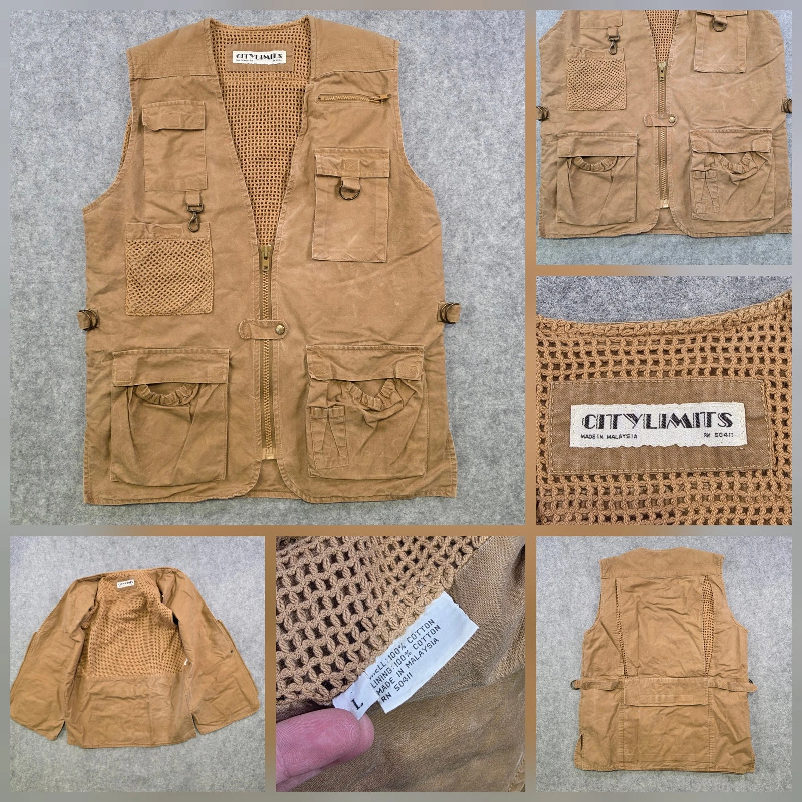 City Limits Vest Mens Large Brown Utility Fishing Safari Mesh Pockets Hunting