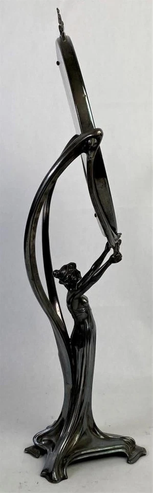 Espelho de penteadeira de banheiro figura de estanho prata WMF Art Nouveau assinado - Imagem 3 de 4