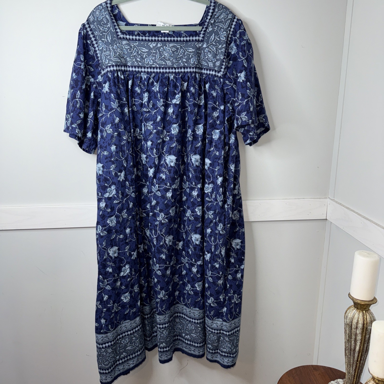 National  House Patio Dress Size 3X Blue Floral Cotton Lounge Muumuu Kaftan