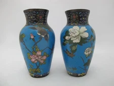 JAPANESE Meiji CLOISONNE Bright Blue Enamel Bird & Flower Small Vase Pair