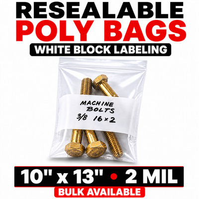 10x13 Clear Poly Bags 2 Mil Zip Lock White Block for Clothing T-Shirts Bulk