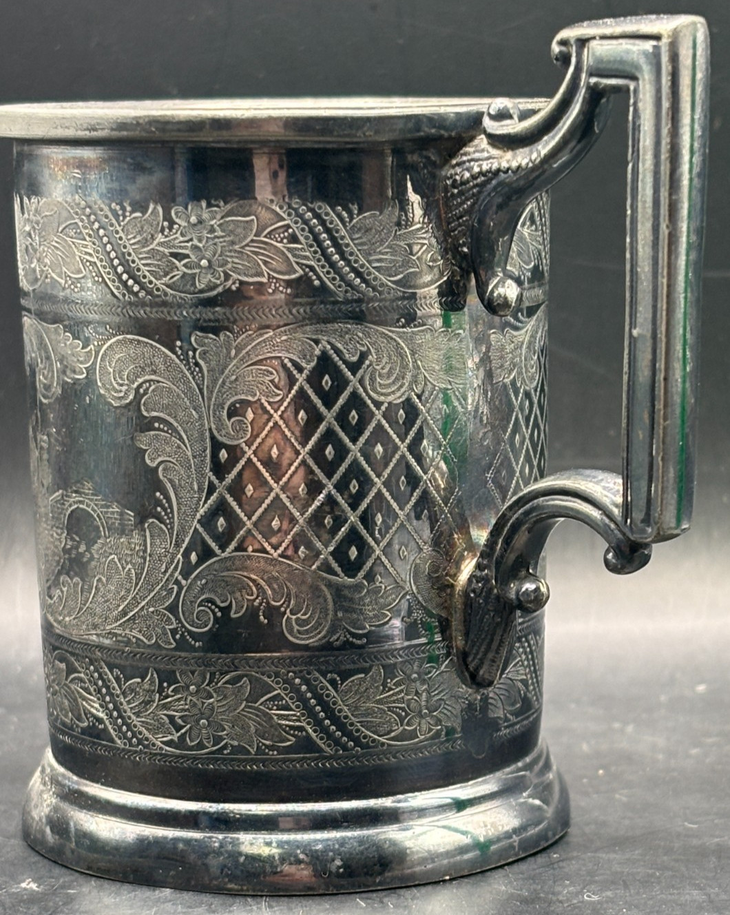 Antique Victorian Silver Plated Baby Cup River Bridge Farm House Engraving Lura