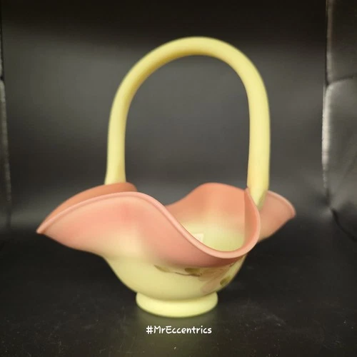 Lot Of 2 Fenton Uranium Glass Baskets Dogwood Burmese Ruffled Hand Painted