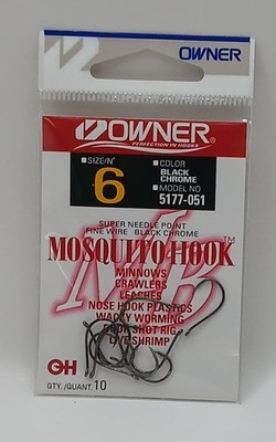 Owner 5177-051-6 Mosquito Hook Offset Fine Wire Forged Needle Pt Blk Chr Sz 6 10