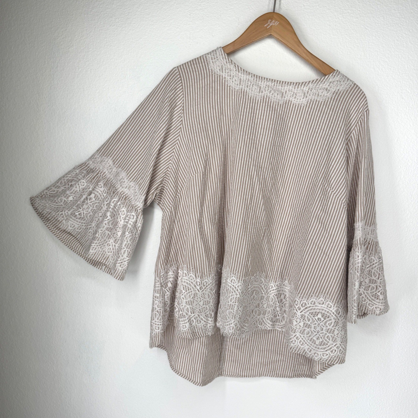 Womens Striped Lace Trim Bell Sleeve Top Womens Size 1x Casual Boho Loose Cotton