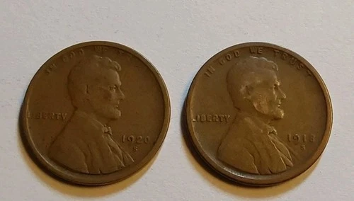 Pair Of S Mints 1918 S & 1920 S-Lincoln Wheat Pennies - Fine Condition Free Post