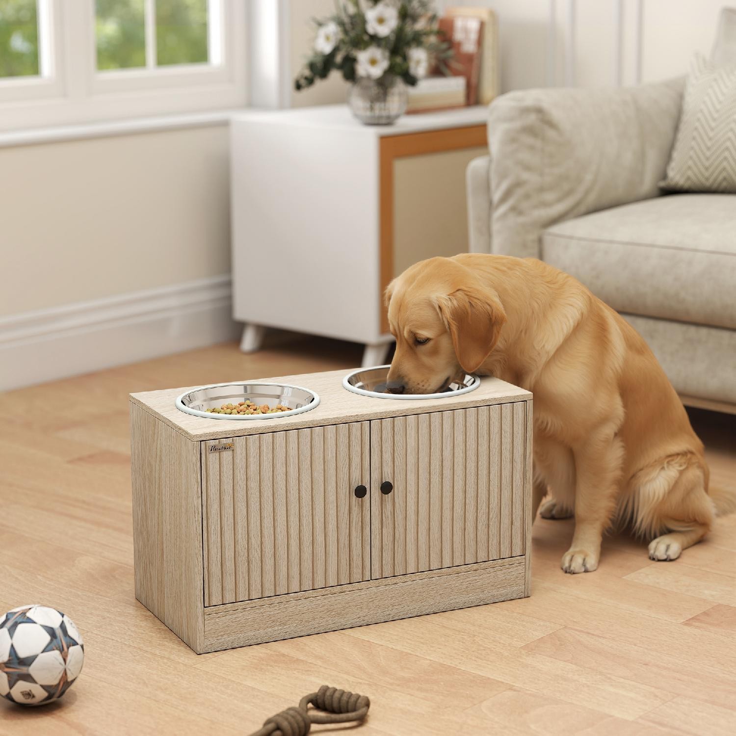 Portaciotole per Cani con 2 Ciotole in Acciaio e Legno 60x30x35 Rovere AllMyPets